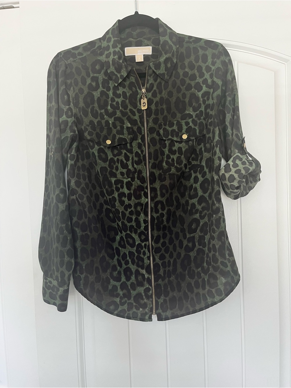 MICHAEL Michael Kors Olive Green Black Leopard Print Zip-Front Blouse Size Small